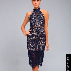 DIVINE DESTINY NAVY BLUE LACE MIDI DRESS